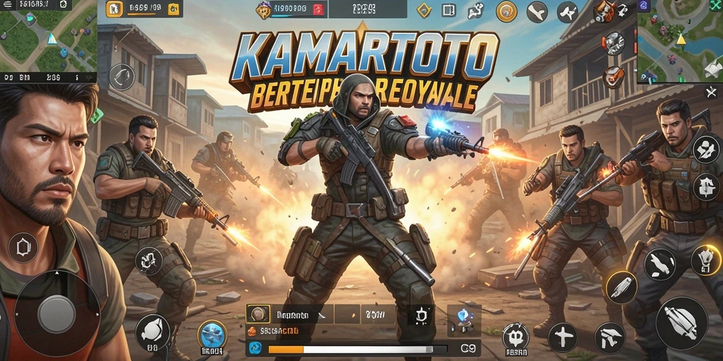 Screenshot utama KAMARTOTO menampilkan aksi pertempuran intens di medan perang.