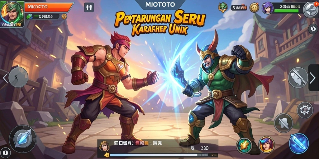 Screenshot gameplay MIOTOTO menampilkan pertarungan seru antar karakter.